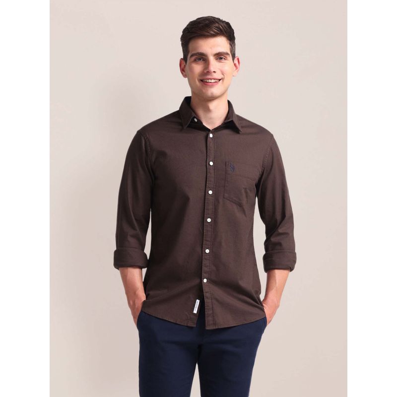 U.S. POLO ASSN. Men Brown Solid Dobby Shirt (44)
