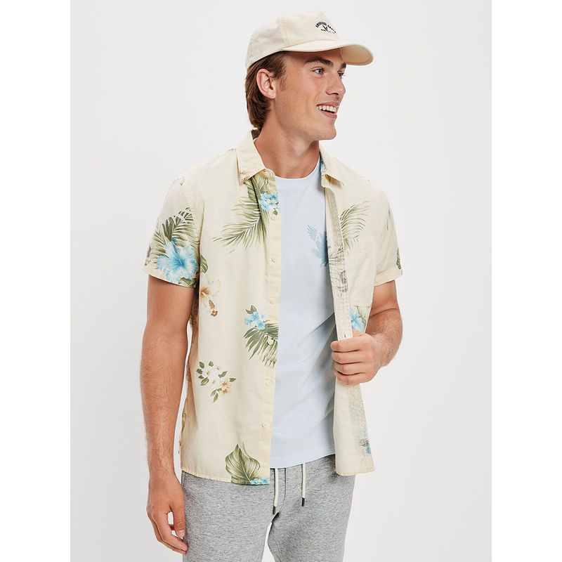 American Eagle Men Yellow Tropical Button Up Resort Shirt (M)