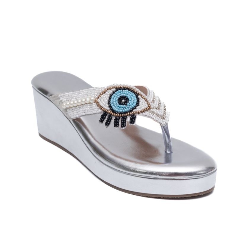 Dapper Feet V Strap Evil Eye Platform Slippers - Silver (EURO 40) (Silver) At Nykaa, Best Beauty Products Online