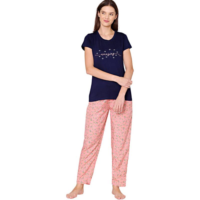 Bodycare Womens Modal Spandex Printed T-Shirt & Pyjama BSLS15003 Navy Blue (Set of 2) (M)
