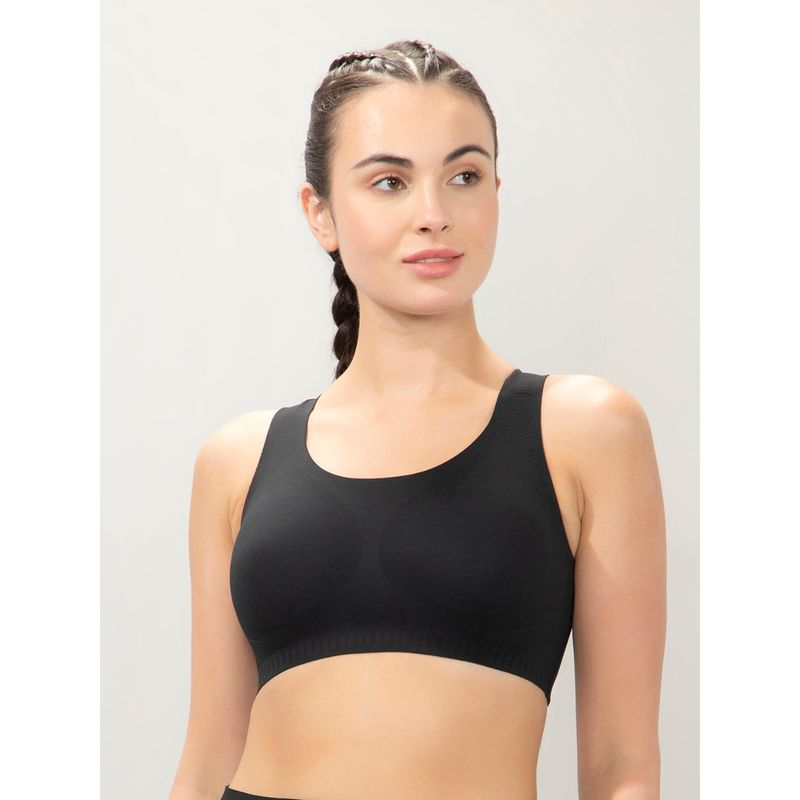 Amante Women Black Round Neck High Impact Bonded Sports Bra with Criss Cross Back (M)