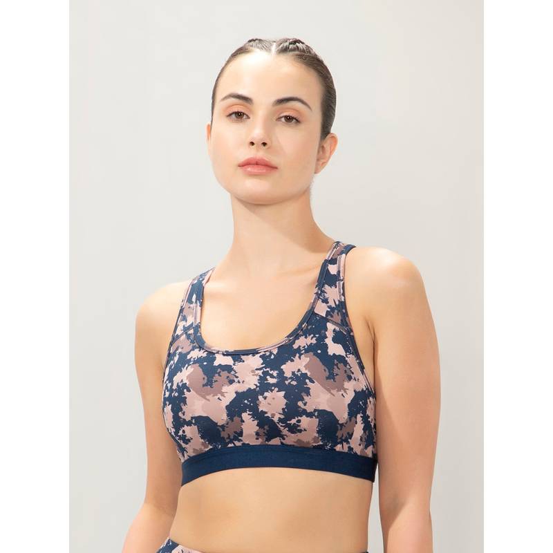 Amante Women Navy Blue Energize Active Medium Impact Slip-On Printed Bra (L)