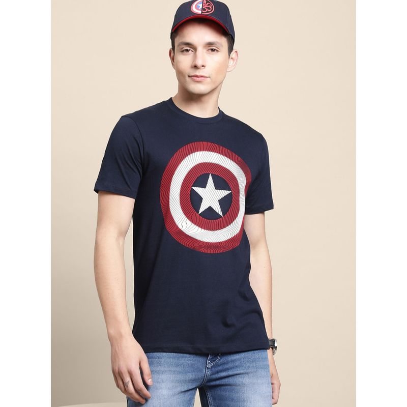 Free Authority Men Captain America Half Sleeve Navy Blue T-Shirt (M)