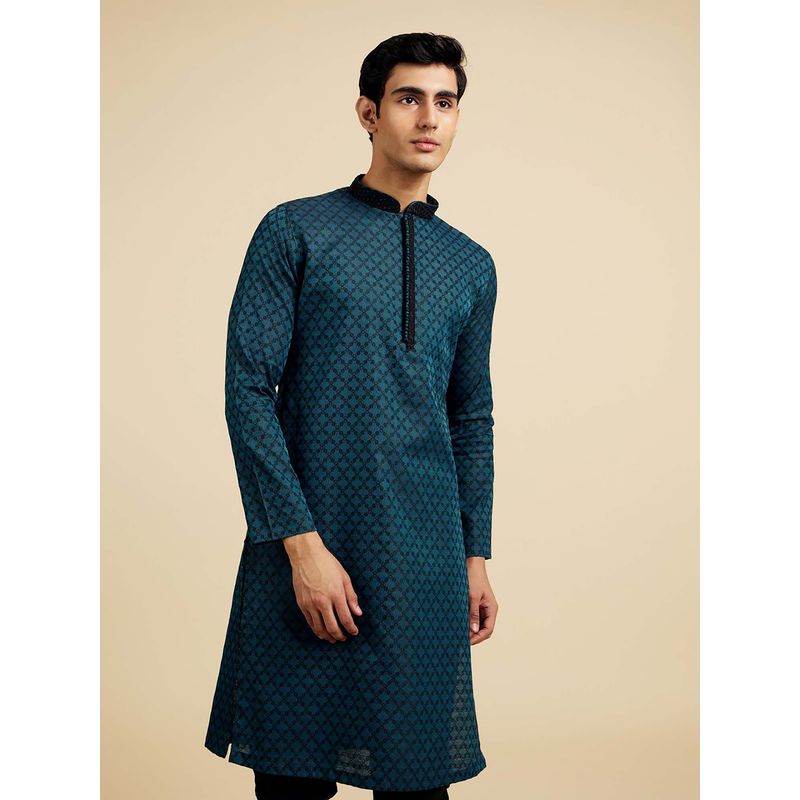 Diwas by Manyavar Navy Blue Green Art Silk Kurtas for Men (M)
