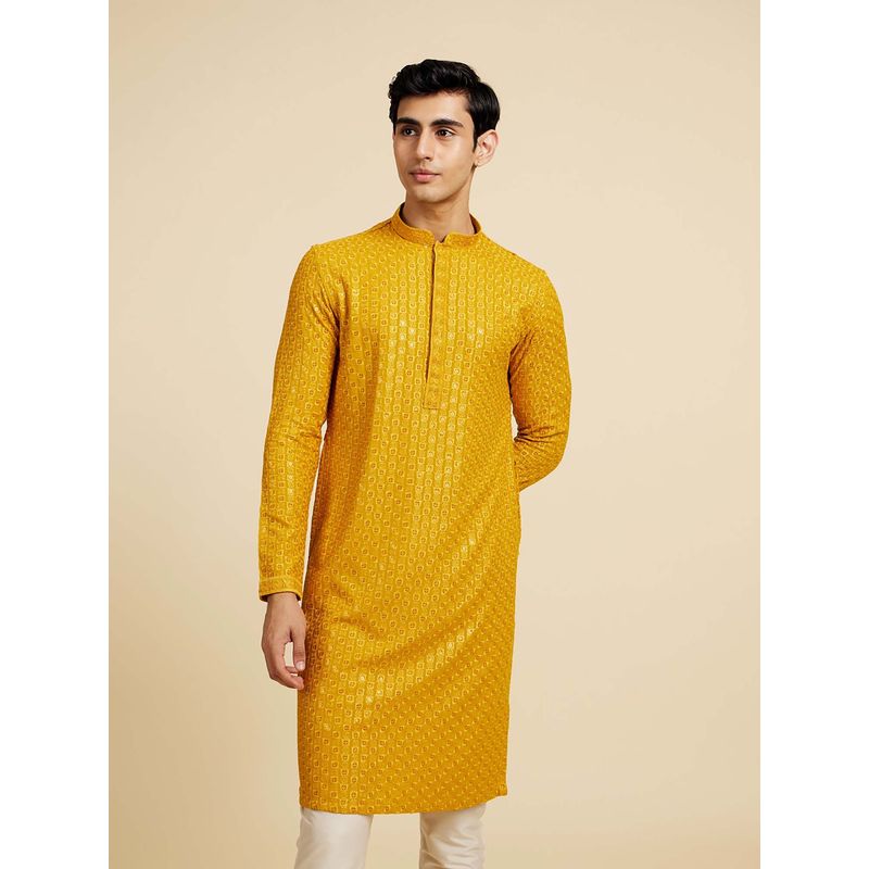 Diwas by Manyavar Mustard Yellow Embroidered Viscose Kurtas for Men (3XL)