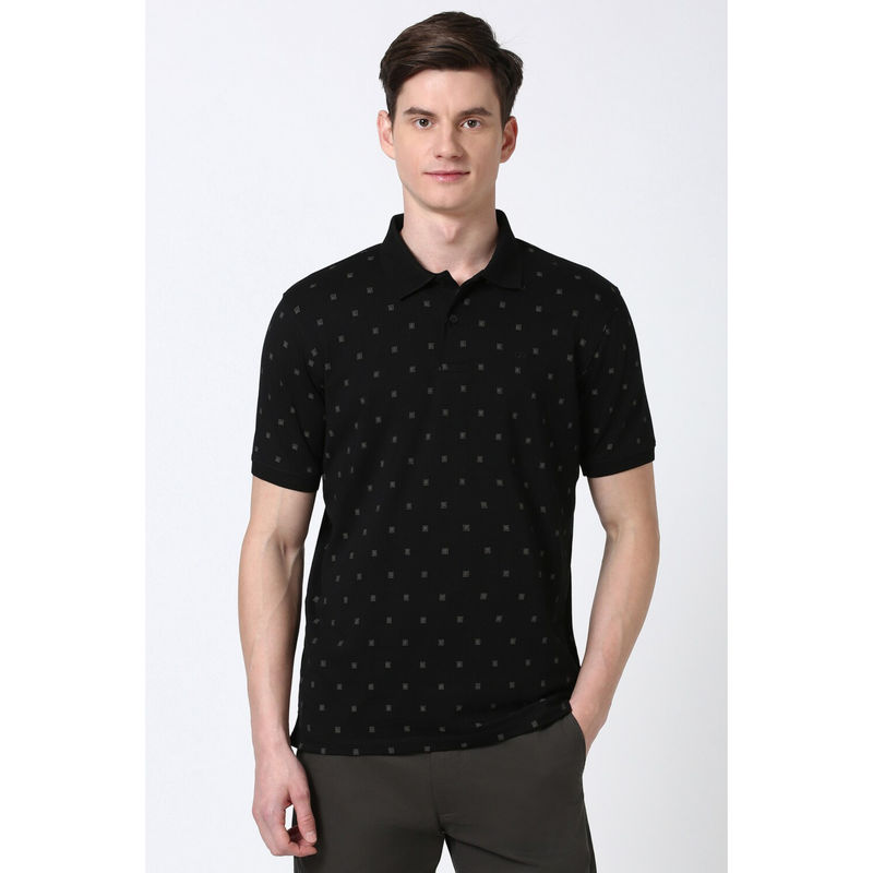 Peter England Men Black Print Polo Neck T-Shirt (S)