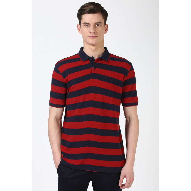 Peter England Men Red Stripe Polo Neck T-Shirt (S)