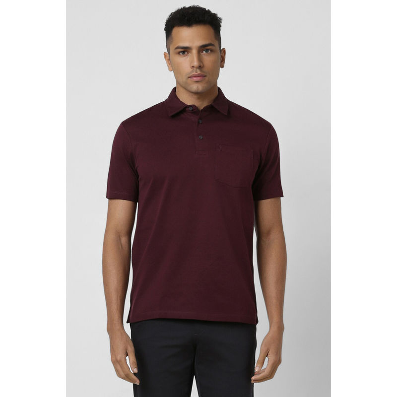 Van Heusen Men Wine Solid Polo Neck T-Shirt (S)