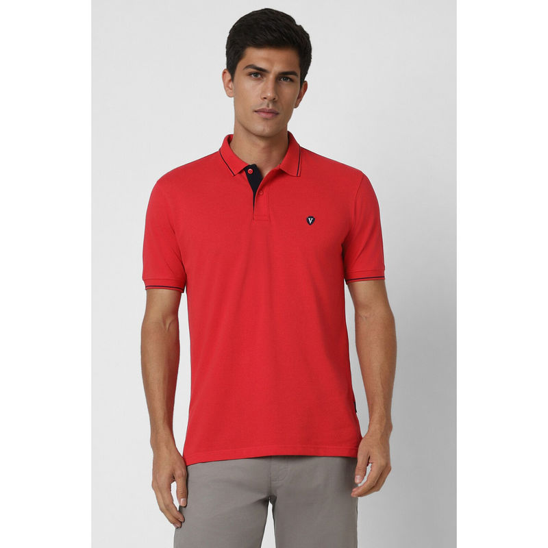 Van Heusen Men Red Solid Polo Neck T-Shirt (S)