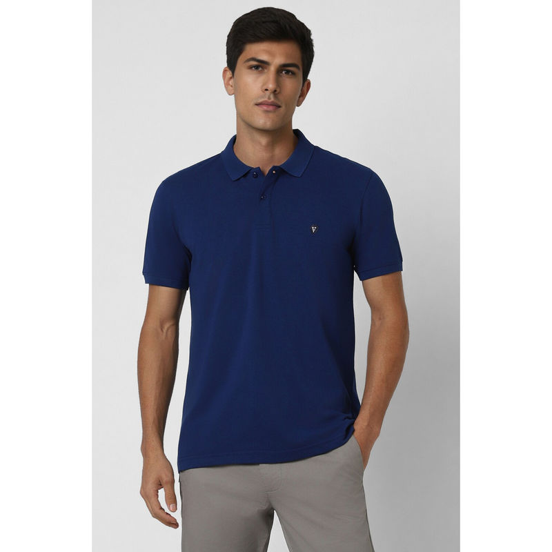Van Heusen Men Navy Blue Solid Polo Neck T-Shirt (L)