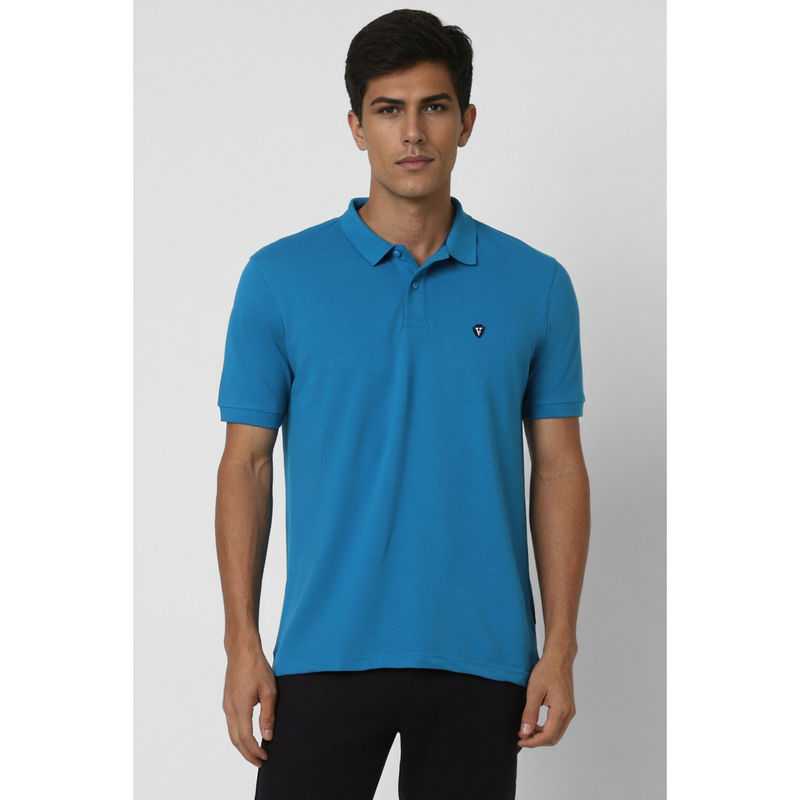 Van Heusen Men Blue Solid Polo Neck T-Shirt (S)