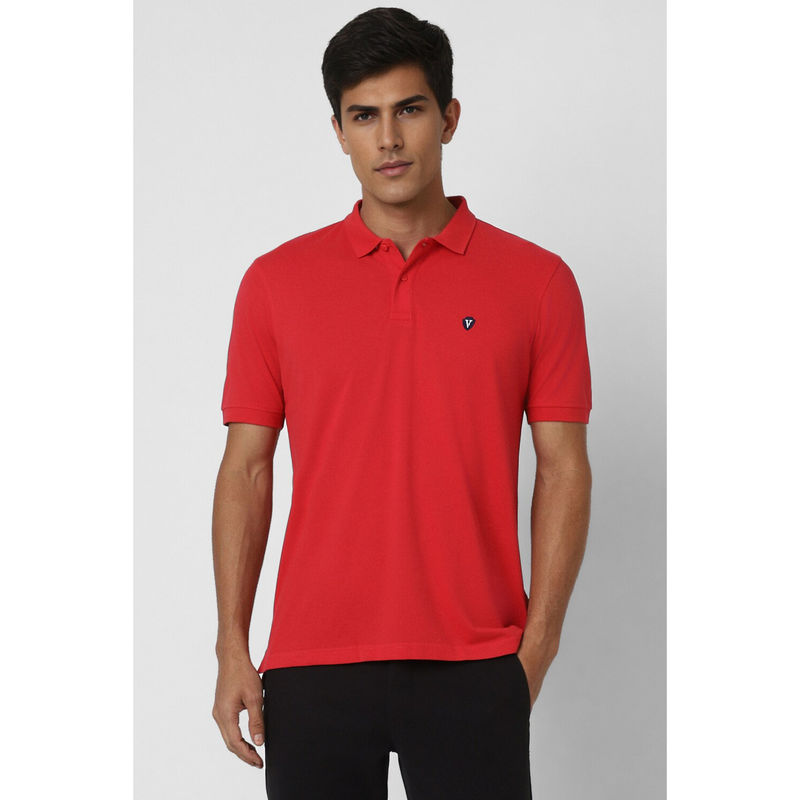 Van Heusen Men Red Solid Polo Neck T-Shirt (S)