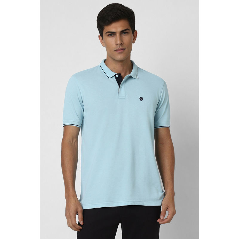 Van Heusen Men Light Blue Solid Polo Neck T-Shirt (S)