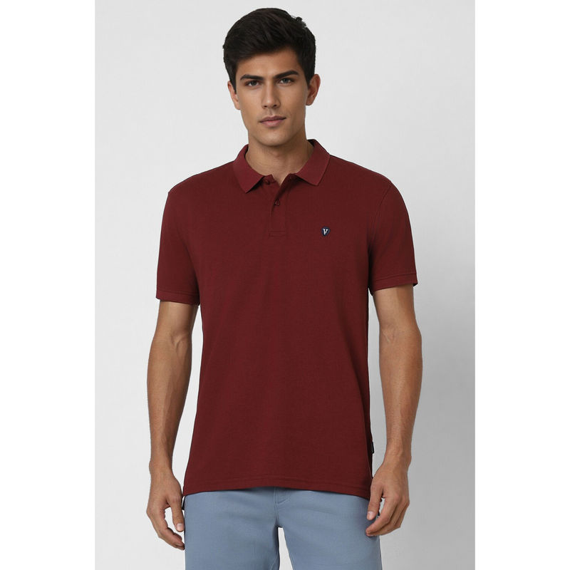Van Heusen Men Maroon Solid Polo Neck T-Shirt (L)