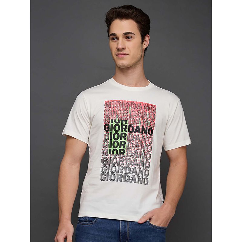 Giordano White Cotton Typography Printed Slim Fit Short Sleeves T-Shirt (S)