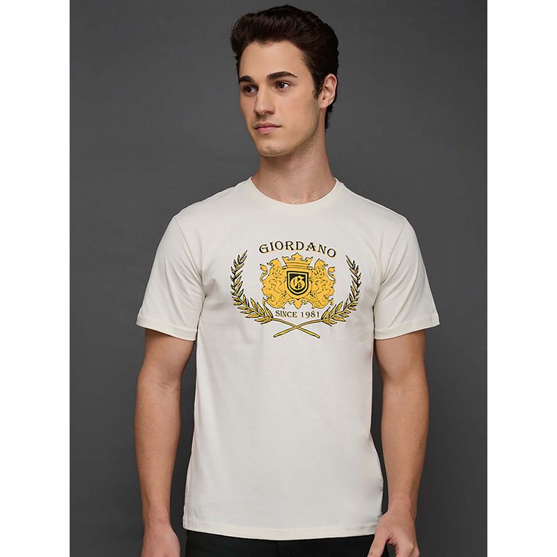 Giordano White Cotton Graphic Printed Slim Fit Short Sleeves T-Shirt (XL)