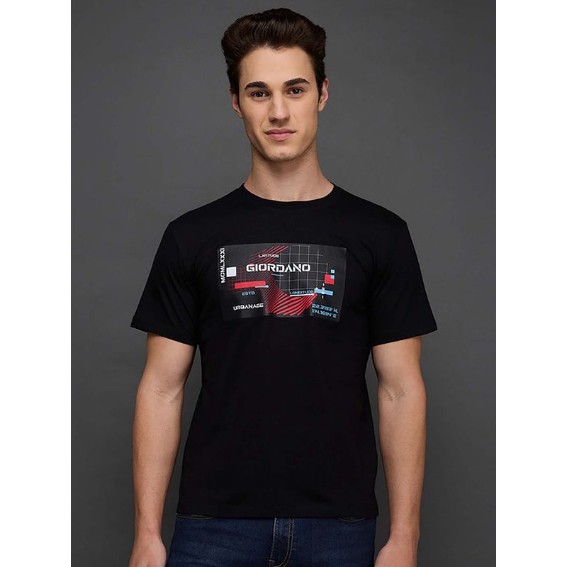 Giordano Black Cotton Graphic Printed Slim Fit Short Sleeves T-Shirt (S)