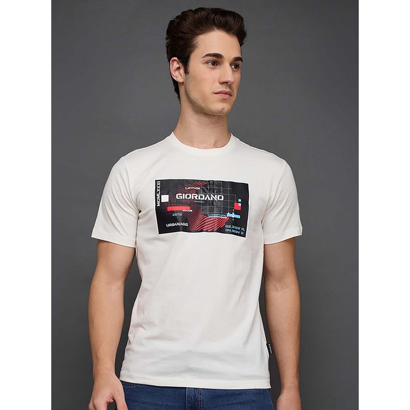 Giordano White Cotton Graphic Printed Slim Fit Short Sleeves T-Shirt (S)