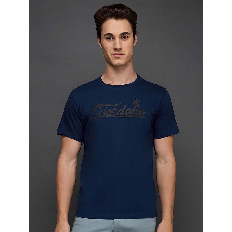 Giordano Dark Blue Cotton Brand Logo Printed Slim Fit Short Sleeves T-Shirt (M)