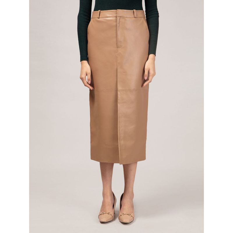 Twenty Dresses by Nykaa Fashion Hazelnut Solid Front Slit Faux Leather Midi Skirt (32)