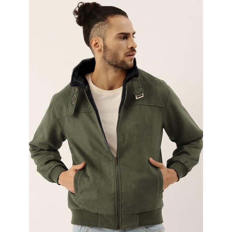 Campus Sutra Men's Army Green Fur-Lined Suede Bomber Jacket (XL)