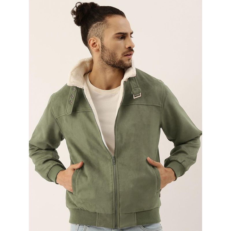 Campus Sutra Men's Obsidian Green Fur-Lined Suede Bomber Jacket (L)