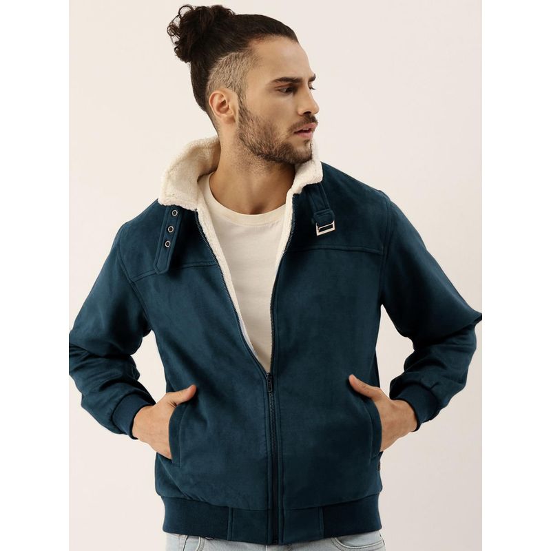 Campus Sutra Men's Saltbox Blue Fur-Lined Suede Bomber Jacket (XL)