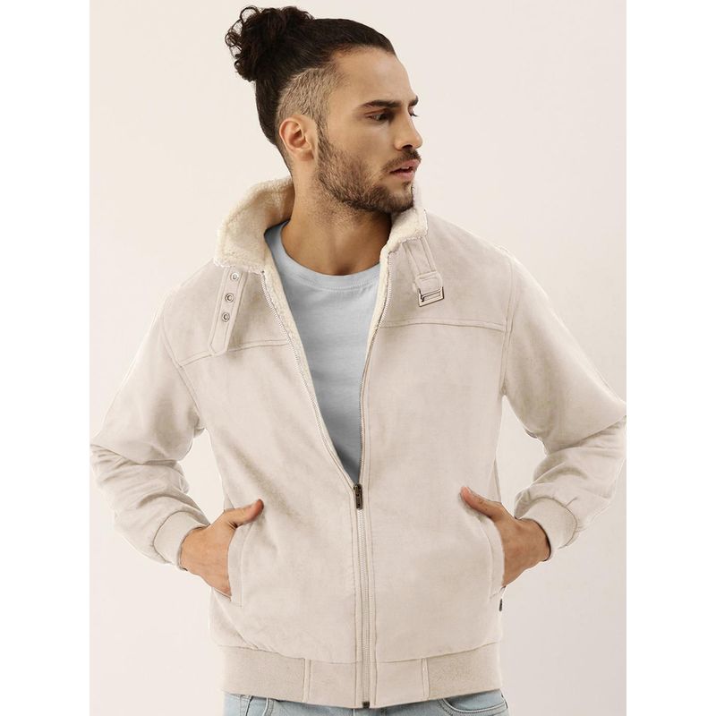 Campus Sutra Men's White Fur-Lined Suede Bomber Jacket (M)