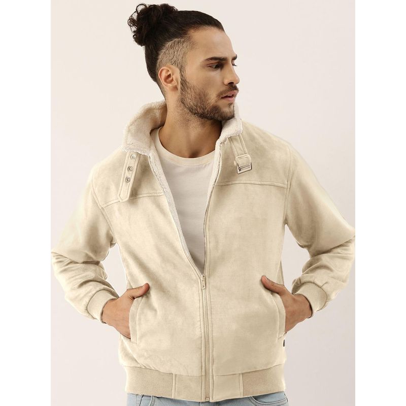 Campus Sutra Men's Saltbox Beige Fur-Lined Suede Bomber Jacket (M)