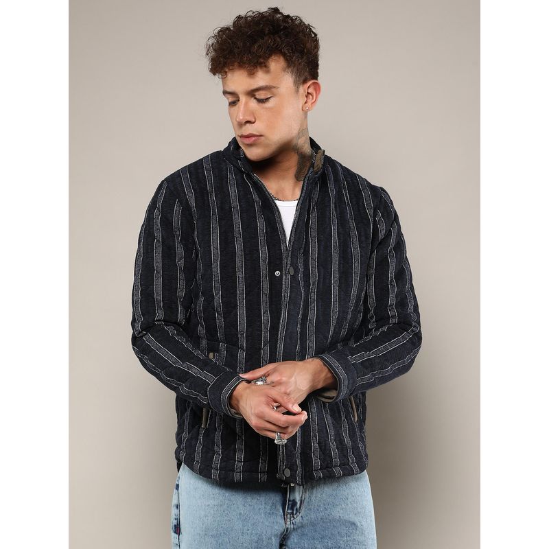 Campus Sutra Men's Navy Blue Fleece Block Denim Jacket (L)