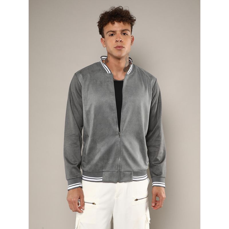 Campus Sutra Men's Moon Grey Zip-Front Baseball Jacket (M)