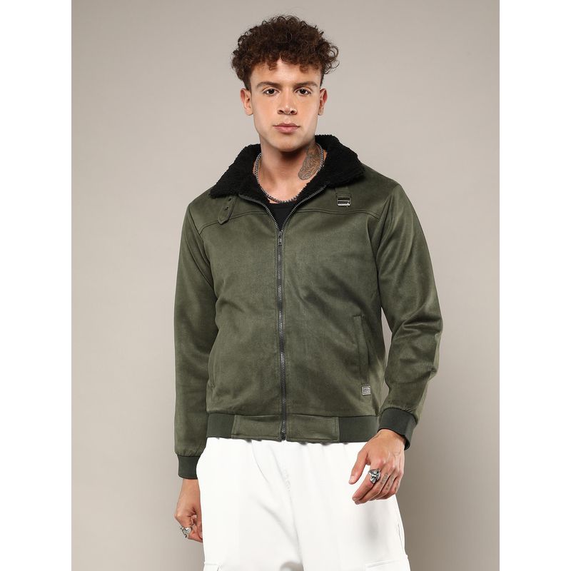 Campus Sutra Men's Army Green Fur-Lined Suede Bomber Jacket (S)
