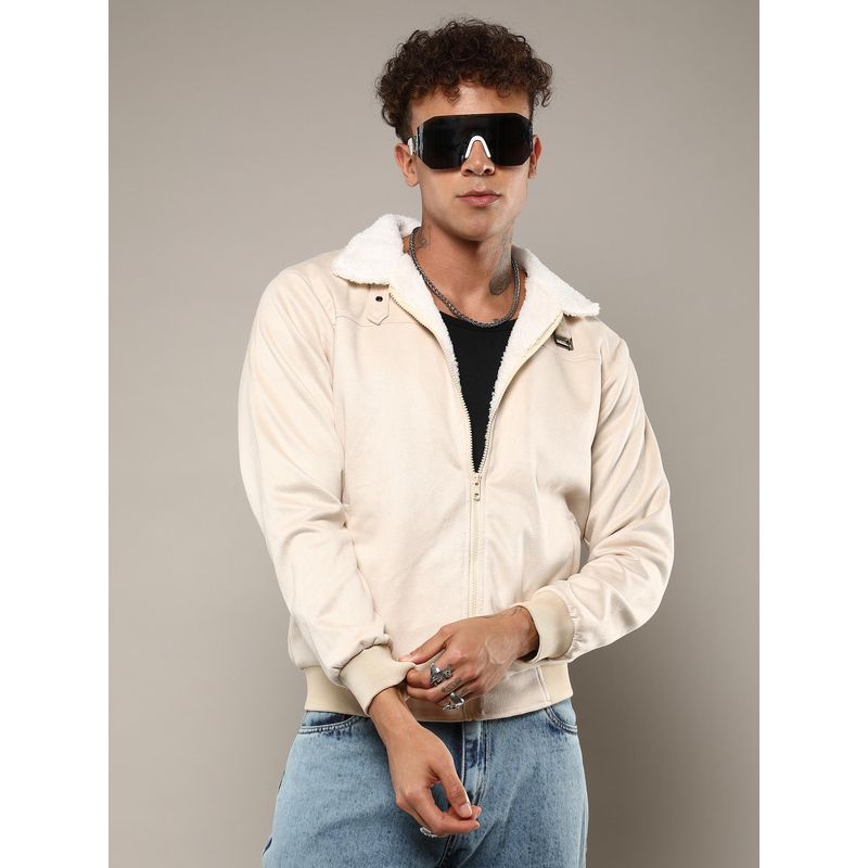 Campus Sutra Men's Off-White Fur-Lined Suede Bomber Jacket (S)