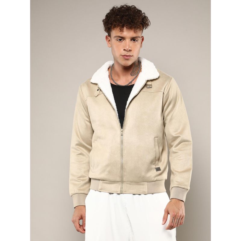 Campus Sutra Men's Saltbox Beige Fur-Lined Suede Bomber Jacket (S)