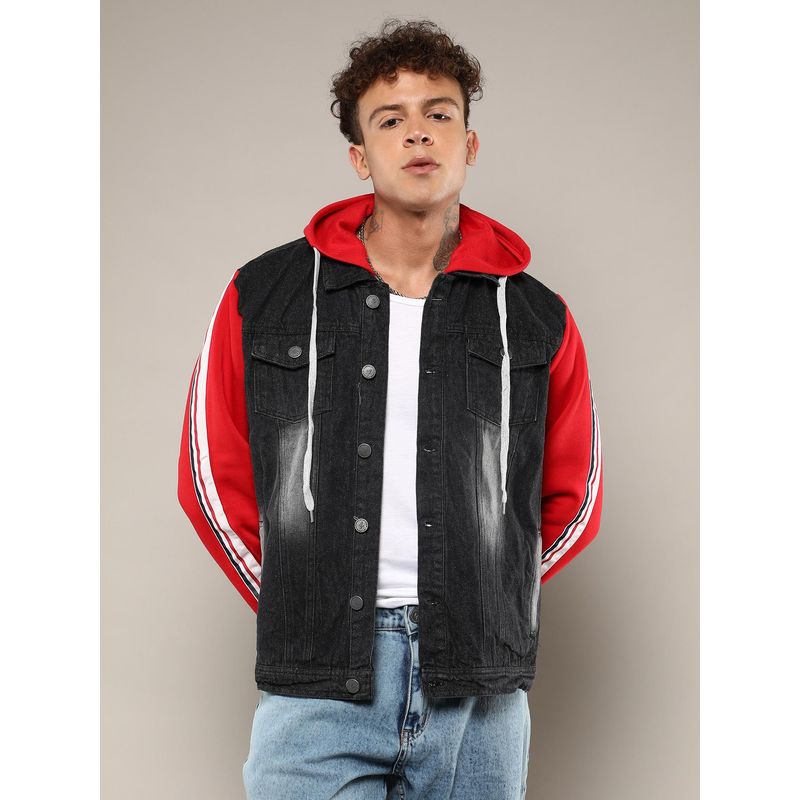 Campus Sutra Men's Black Dark-Wash Denim Jacket with Sweatshirt Sleeve (S)