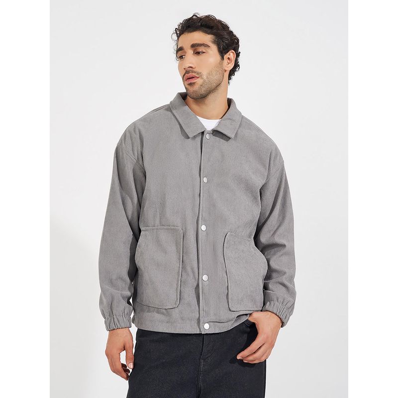 Styli Men Collared Snap Button Detail Corduroy Utility Jacket (L)
