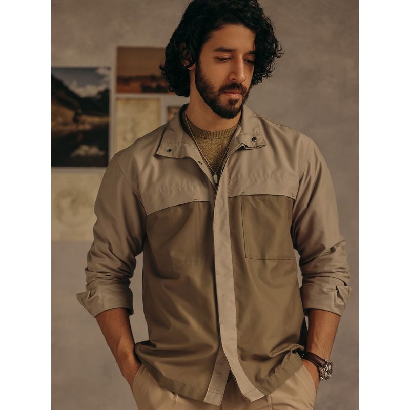 Andamen Men Khaki Pocket Detail Polyester Relaxed Fit Overshirt (S)