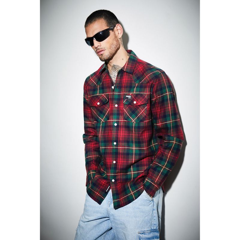 Bonkers Corner Men Green-Red Plaid Regular Fit Shirt (XS)