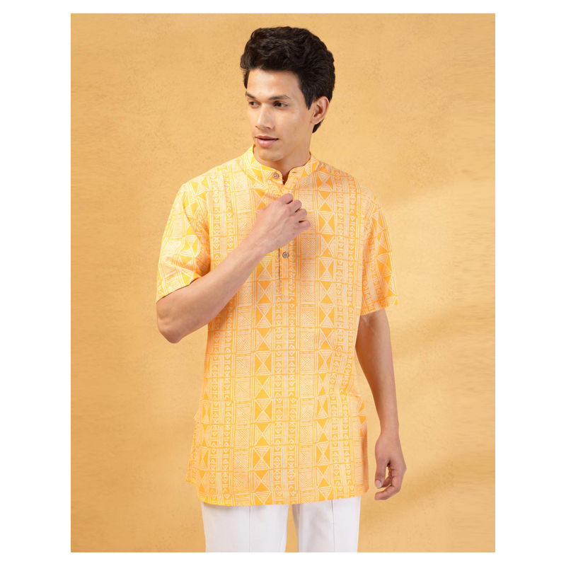 Fabindia Yellow Cotton Hand Block Printed Short Kurta (S)