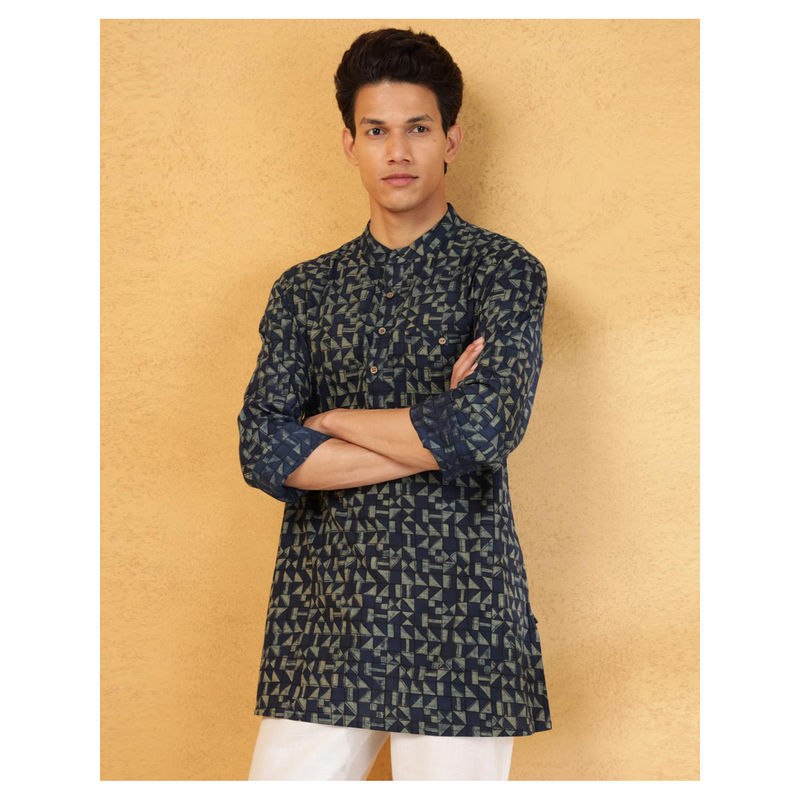 Fabindia Navy Blue Cotton Dabu Printed Short Kurta (M)