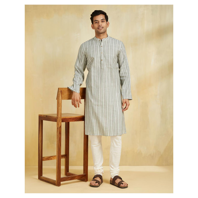 Fabindia Green Cotton Striped Slim Fit Long Kurta (XS)