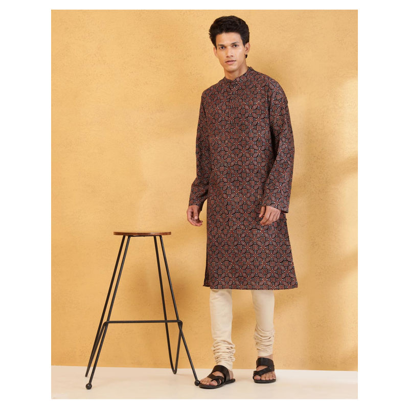 Fabindia Maroon Cotton Ajrakh Printed Slim Fit Kurta (XS)
