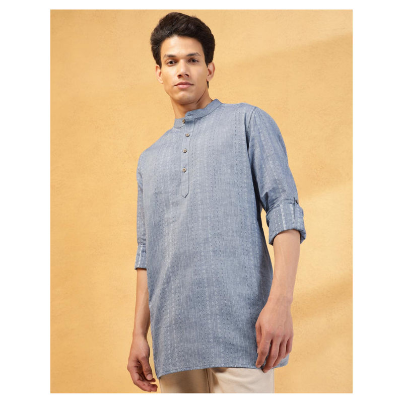 Fabindia Blue Cotton Dobby Slim Fit Short Kurta (XS)