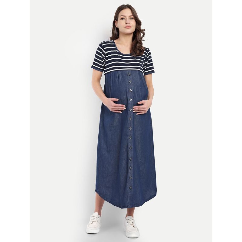 Mamma's Maternity Blue Short Sleeves Stripes Rayon Denim Maternity Dress (M) (M)