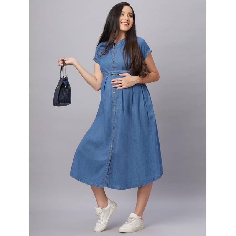 Mamma's Maternity Blue Short Sleeves Solid Denim Maternity Dress with Belt (M)