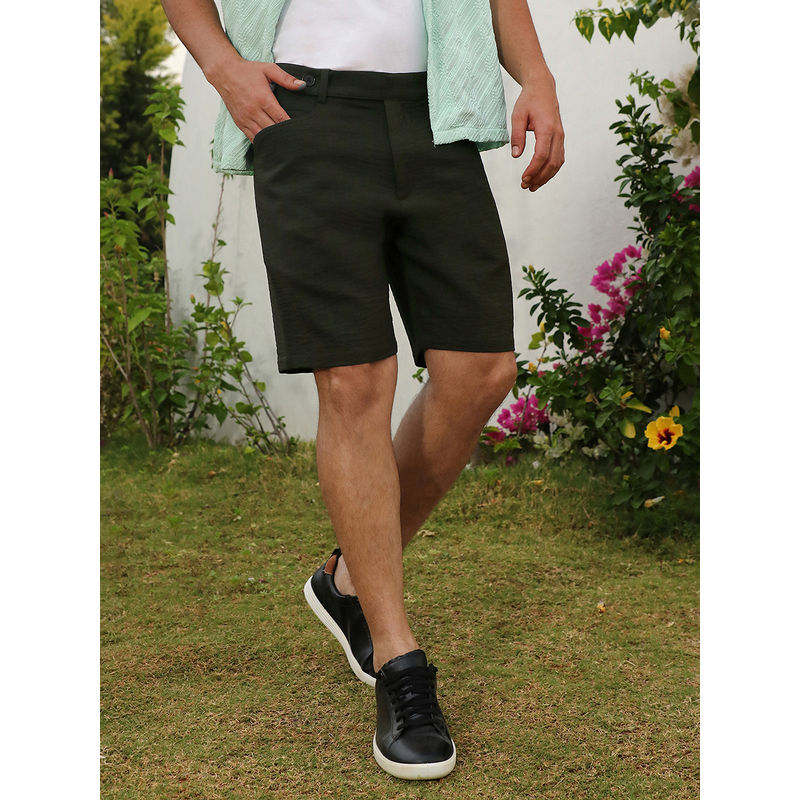 Campus Sutra Mens Army Green Tailored Poly Linen Shorts (30)