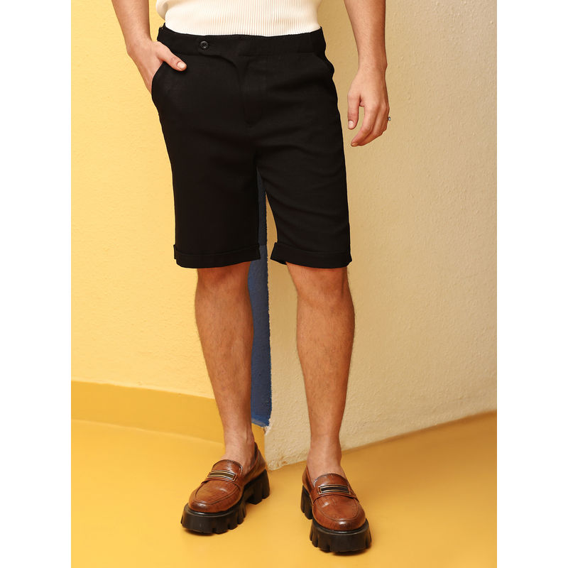 Campus Sutra Mens Onyx Black Tailored Poly Linen Shorts (32)
