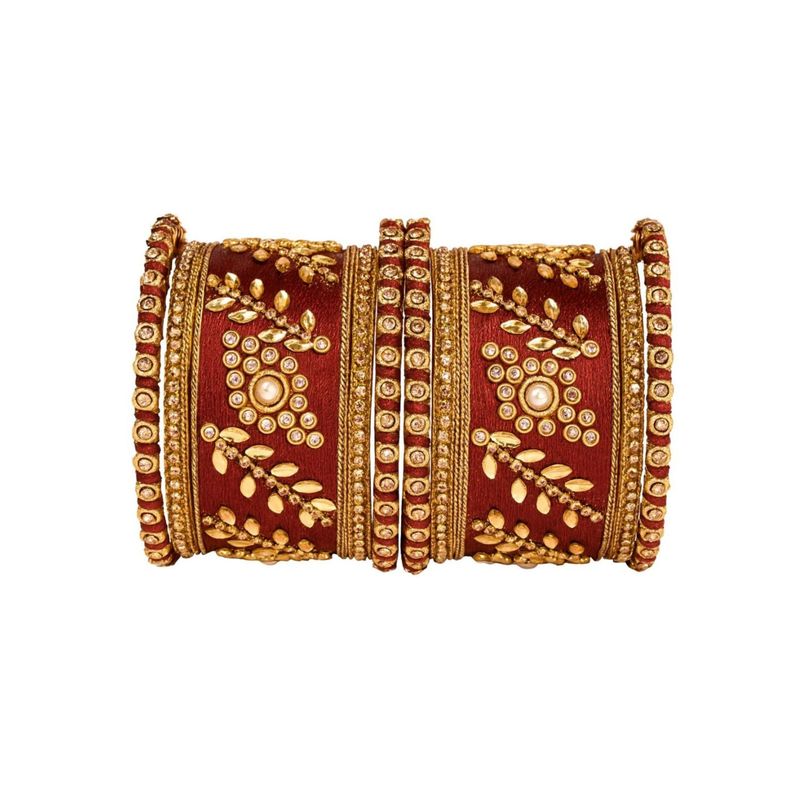 I Jewels Gold Plated Traditional Maroon Silk Thread with Kundan Work Bangle Set (2.4)