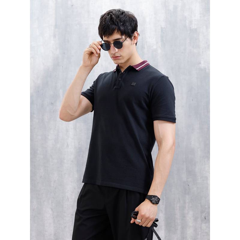 WROGN Black Cotton Blend Polo T-Shirt