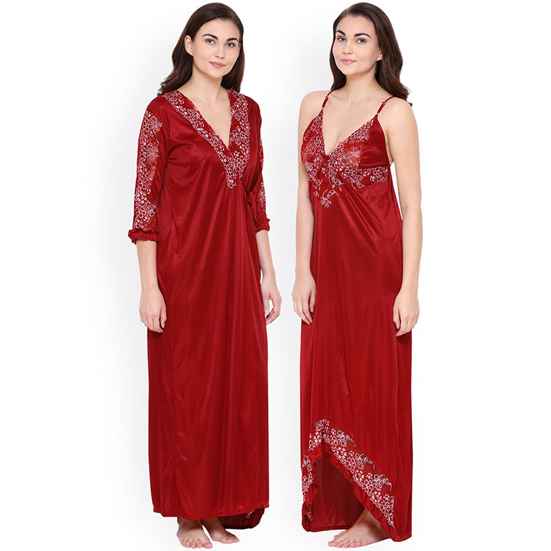 Secret Wish Women's Satin Maroon Nighty with Robe (Free Size): Buy ...
